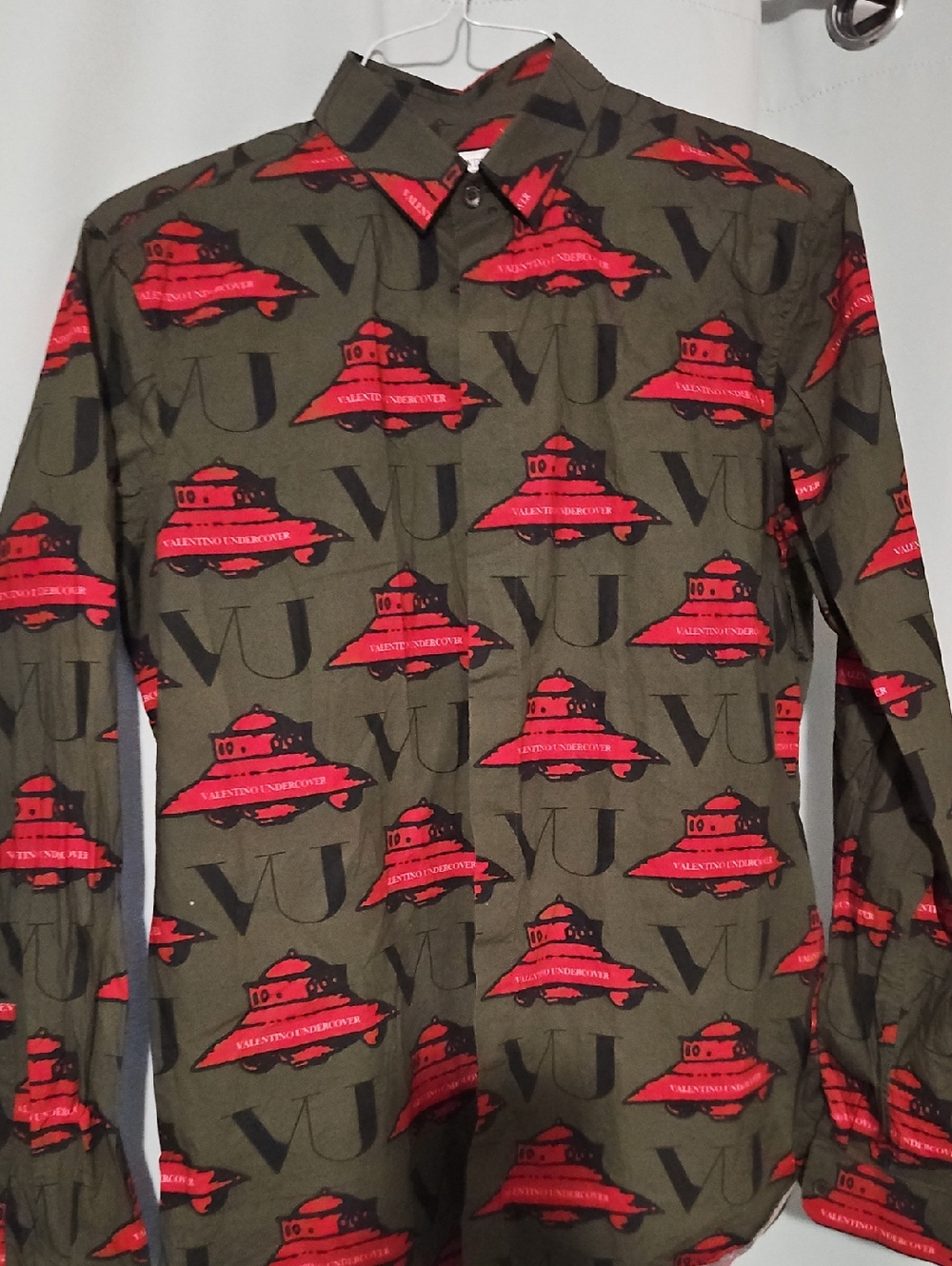 Valentino Olive Green Button-Down Shirt with Red Graphic Print